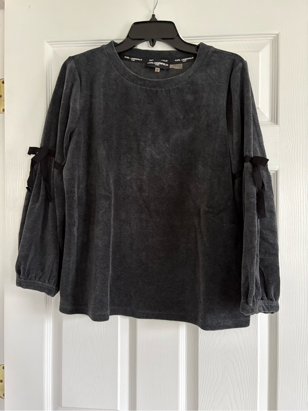 Karl Lagerfeld Charcoal Velvet Long-Sleeve Top with Bow Detail